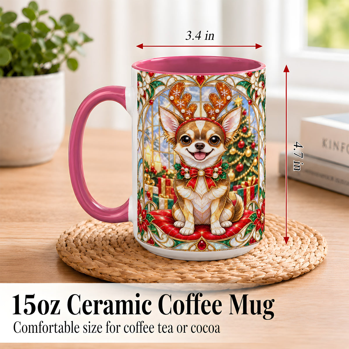 #pl[15oz|Pink] Christmas Chihuahua Coffee Mug, Reindeer Dog Mug, Ceramic Cup