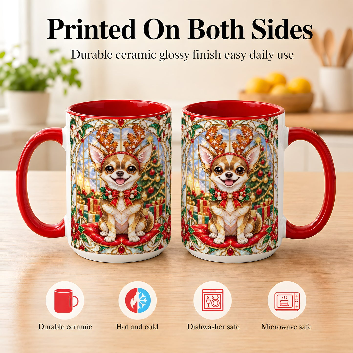 #pl[15oz|Red] Christmas Chihuahua Coffee Mug, Reindeer Dog Mug, Ceramic Cup