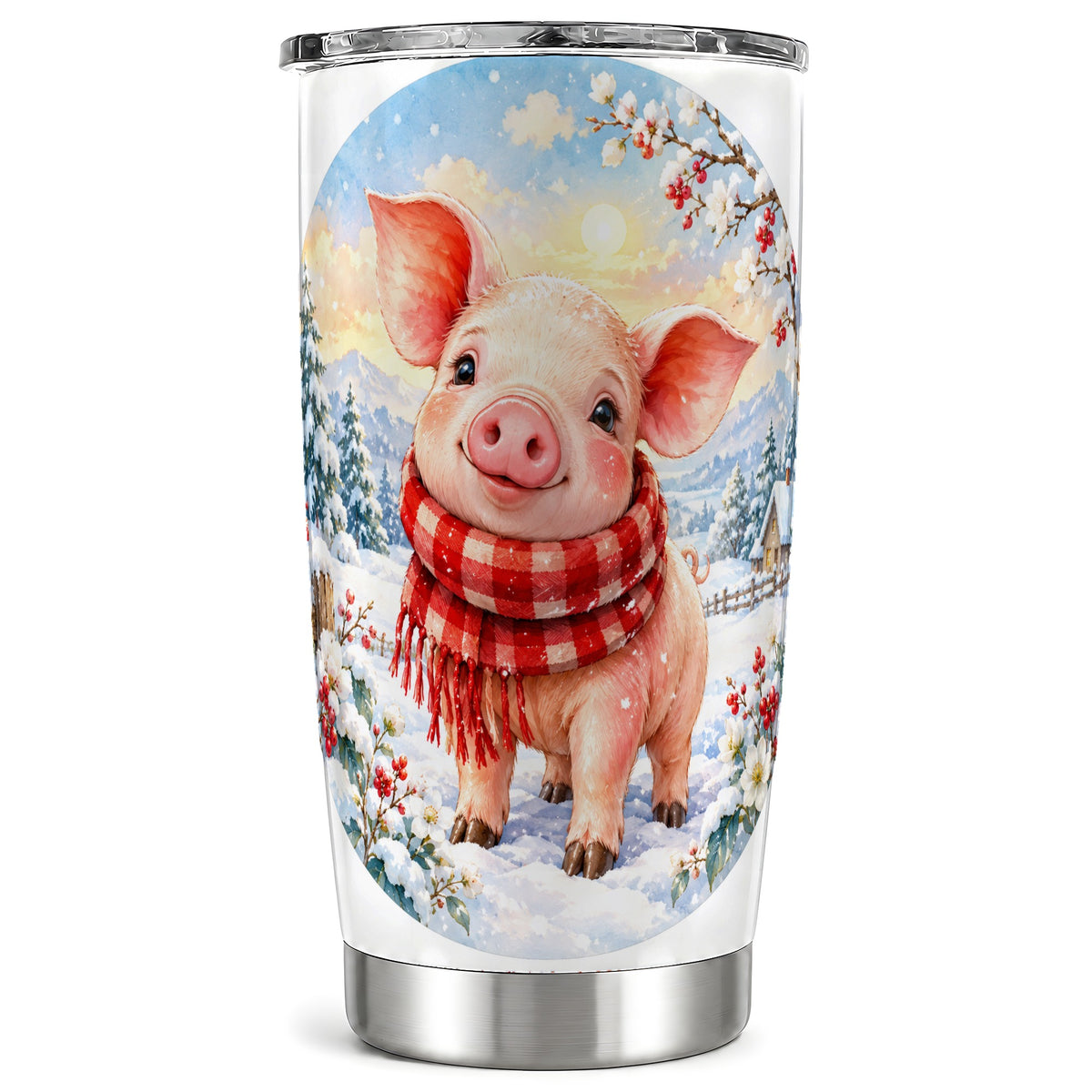 Watercolor Pig 20oz Tumbler, Winter Pig Tumbler, Stainless Steel Travel Cup