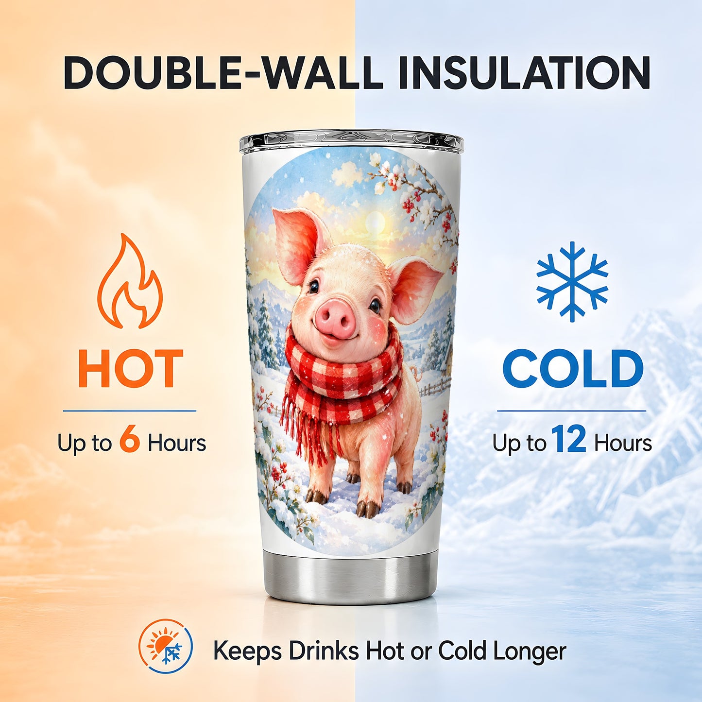 #pl[20oz|Steel] Watercolor Pig 20oz Tumbler, Winter Pig Tumbler, Stainless Steel Travel Cup