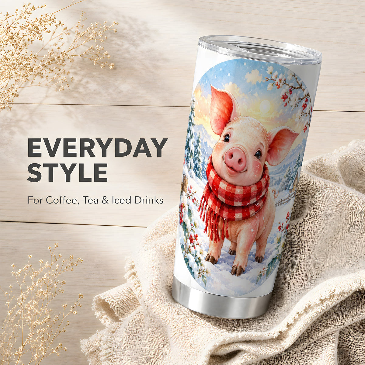 #pl[20oz|Steel] Watercolor Pig 20oz Tumbler, Winter Pig Tumbler, Stainless Steel Travel Cup
