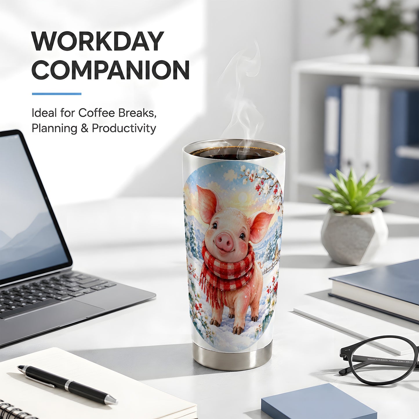 #pl[20oz|Steel] Watercolor Pig 20oz Tumbler, Winter Pig Tumbler, Stainless Steel Travel Cup