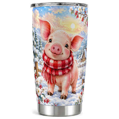 Snowy Pig 20oz Tumbler, Cute Pig Tumbler, Stainless Steel Travel Cup