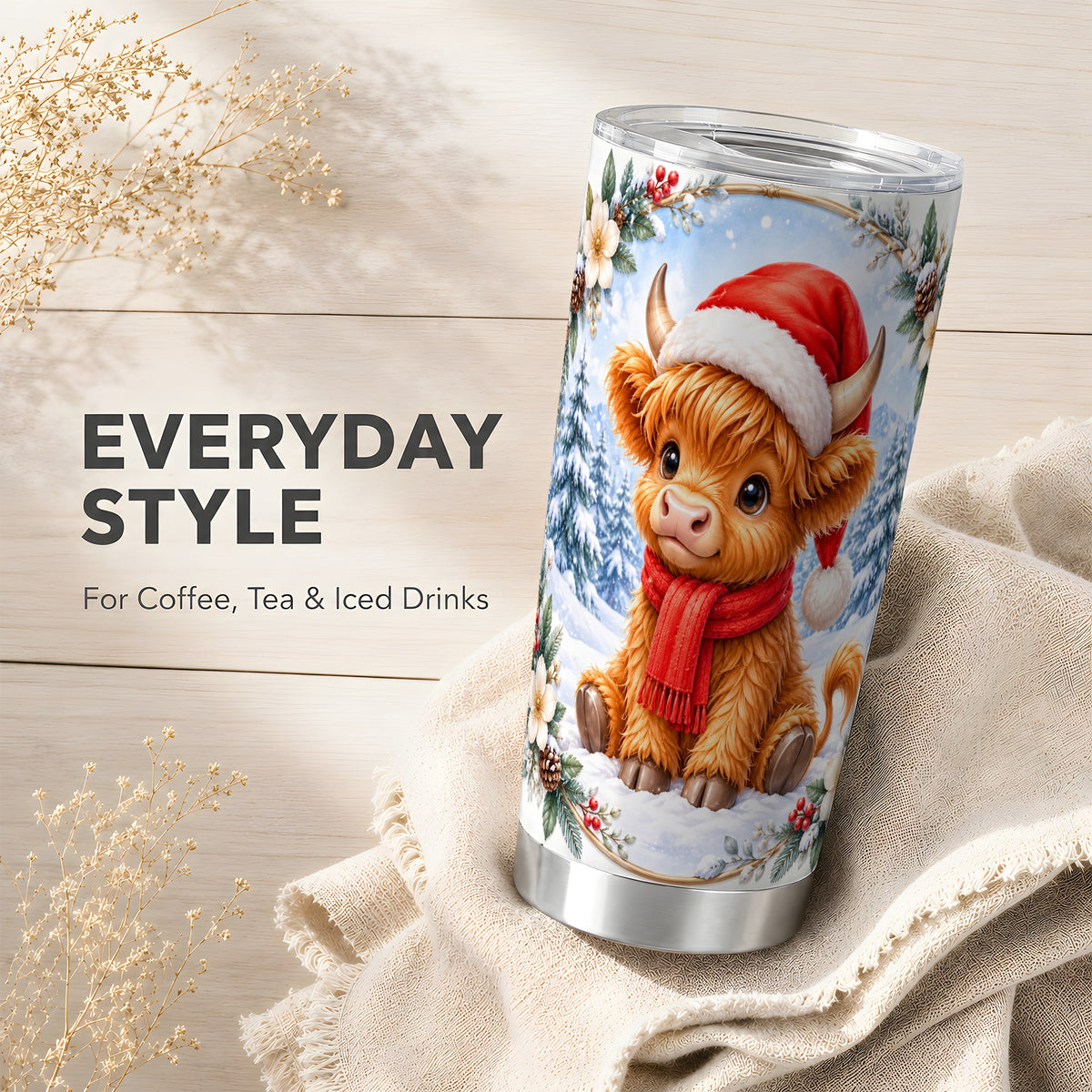 #pl[20oz|Steel] Highland Cow 20oz Tumbler, Winter Cow Tumbler, Stainless Steel Travel Cup