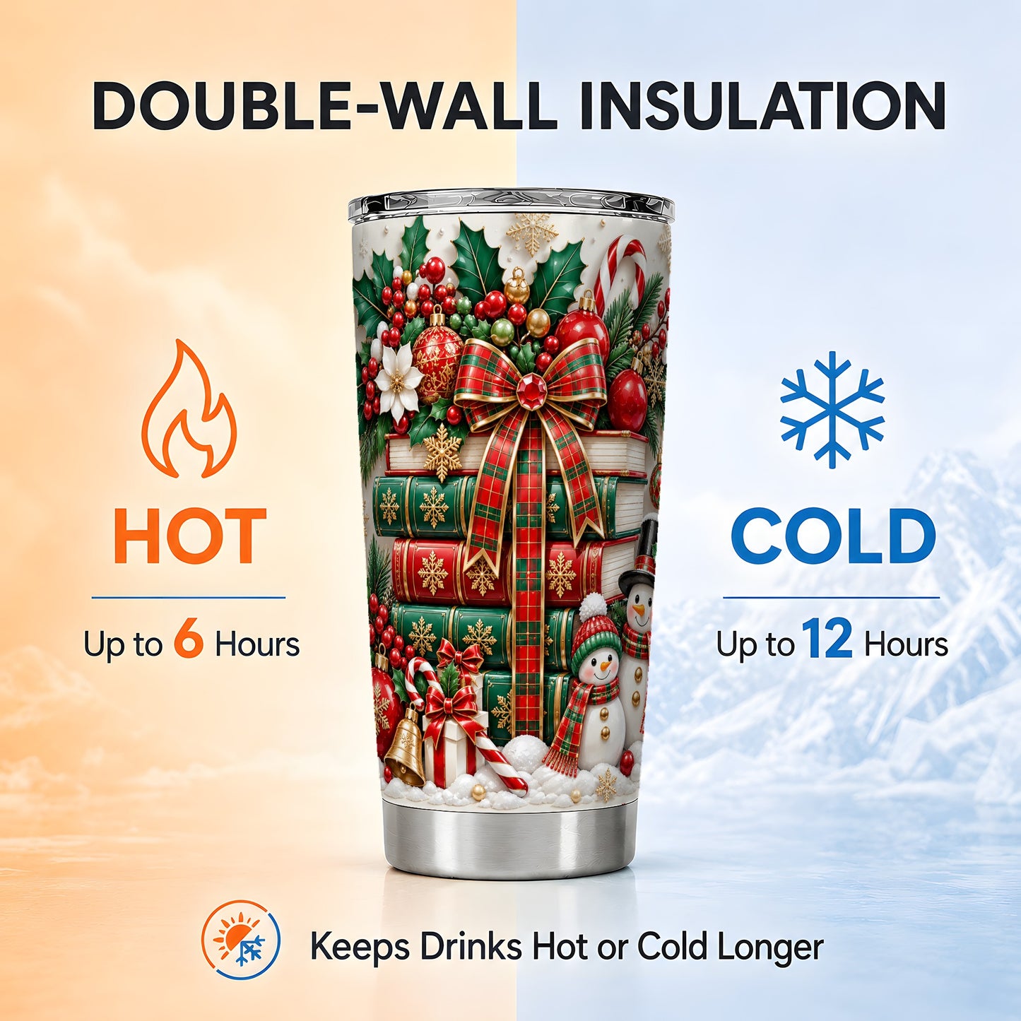 #pl[20oz|Steel] Festive Books 20oz Tumbler, Snowman Tumbler, Stainless Steel Travel Cup
