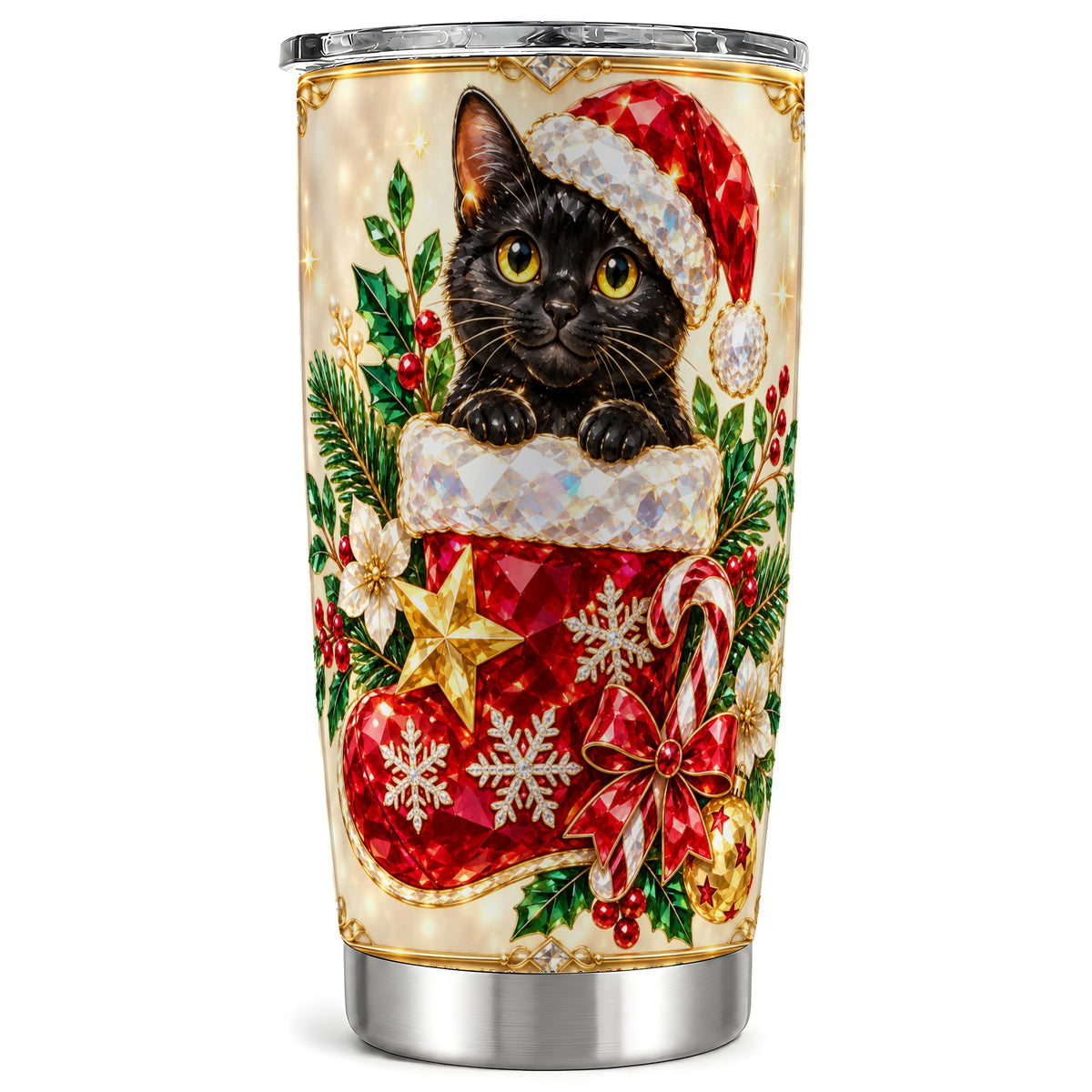 Jeweled Cat 20oz Tumbler, Christmas Tumbler, Stainless Steel Travel Cup