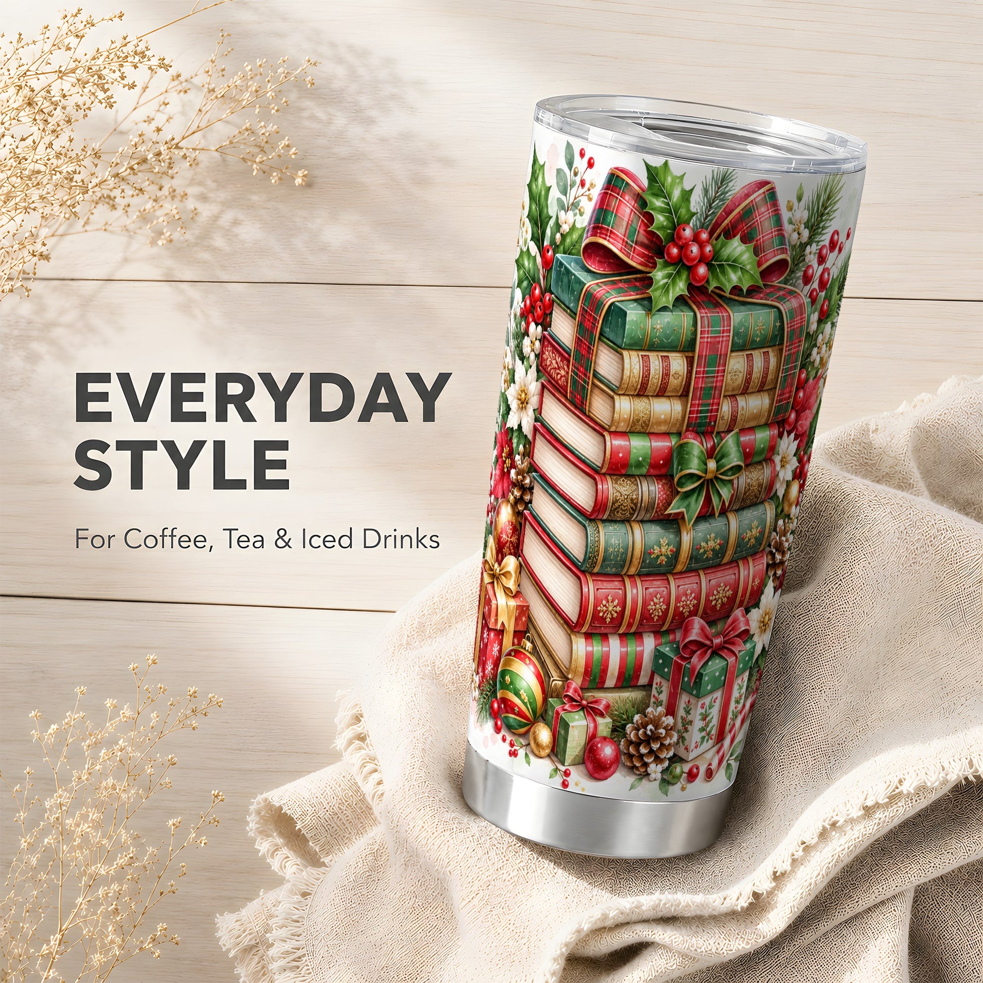 #pl[20oz|Steel] Watercolor Books 20oz Tumbler, Holiday Tumbler, Stainless Steel Travel Cup