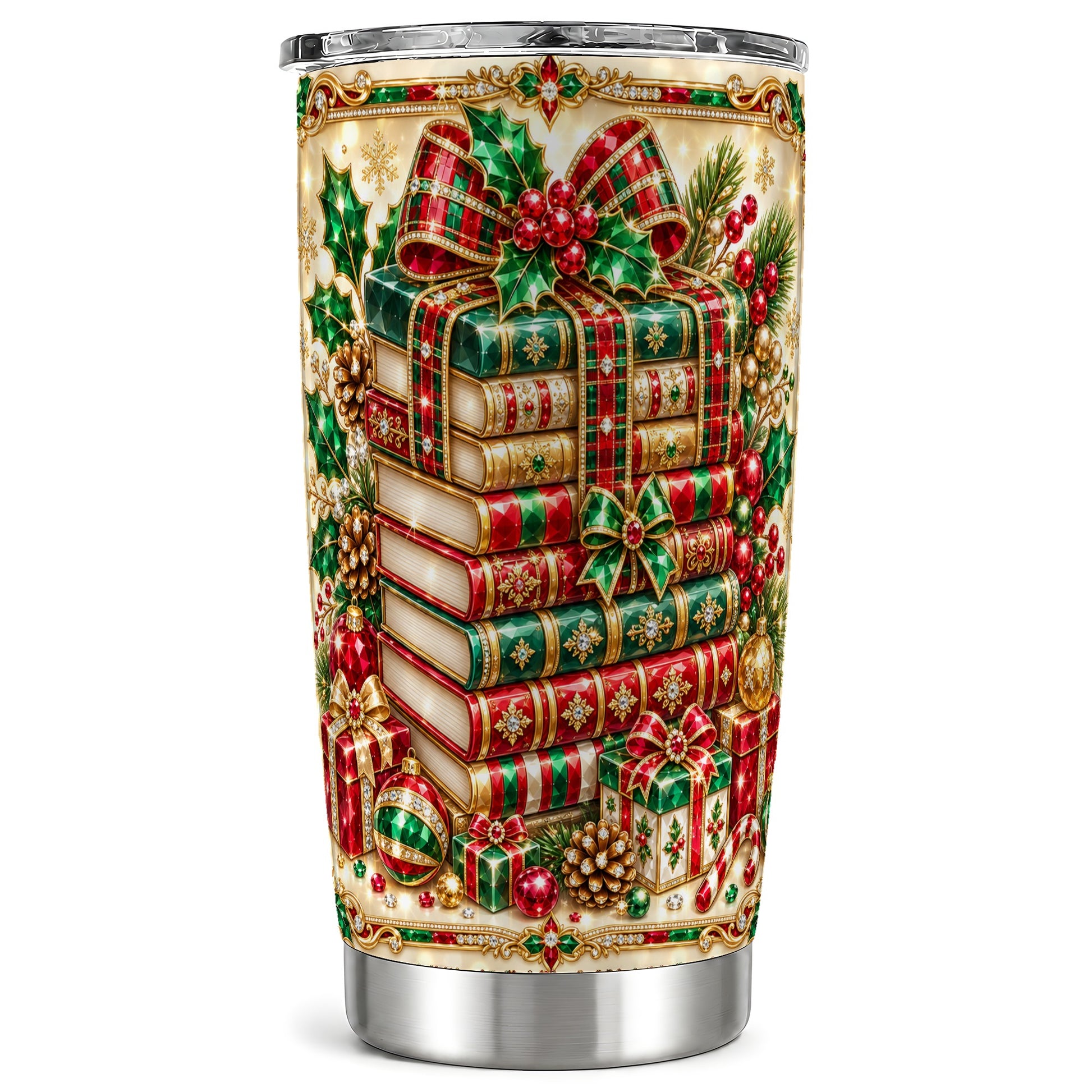 Gemlike Books 20oz Tumbler, Holiday Tumbler, Stainless Steel Travel Cup