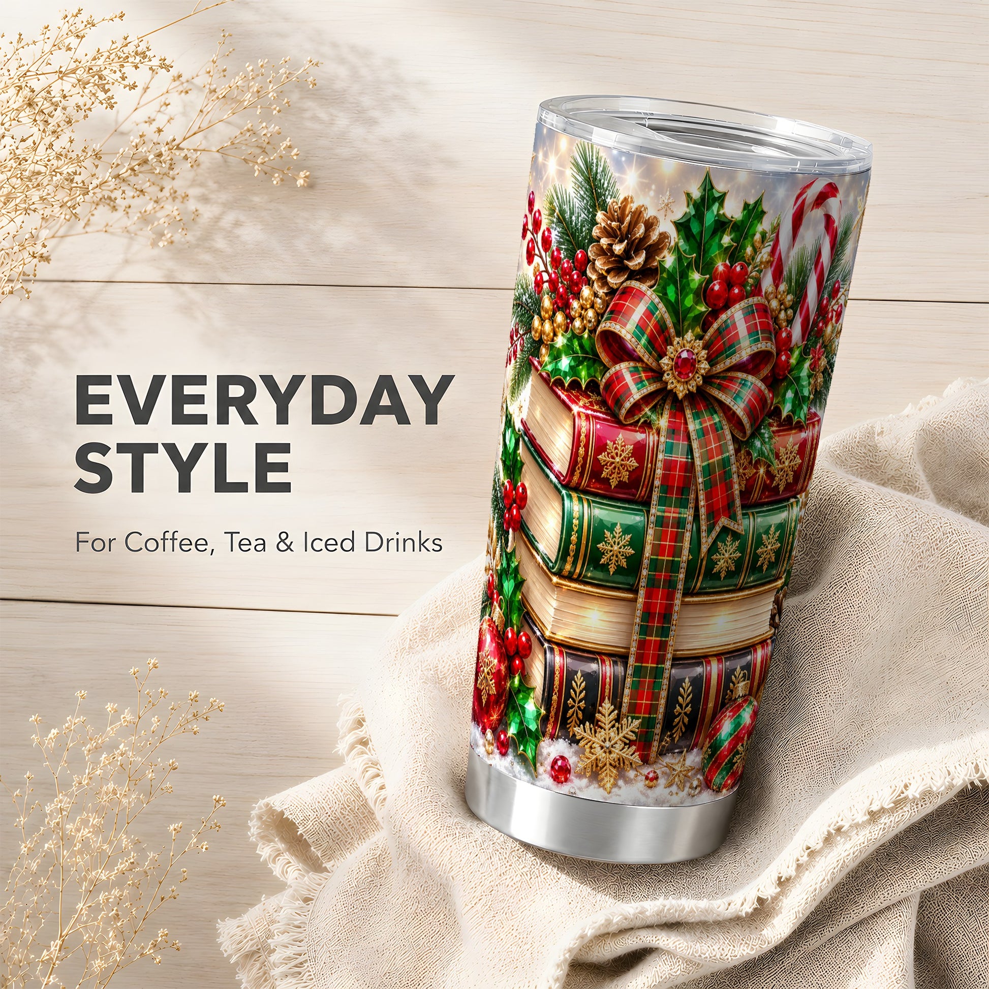 #pl[20oz|Steel] Sparkling Books 20oz Tumbler, Christmas Tumbler, Stainless Steel Travel Cup