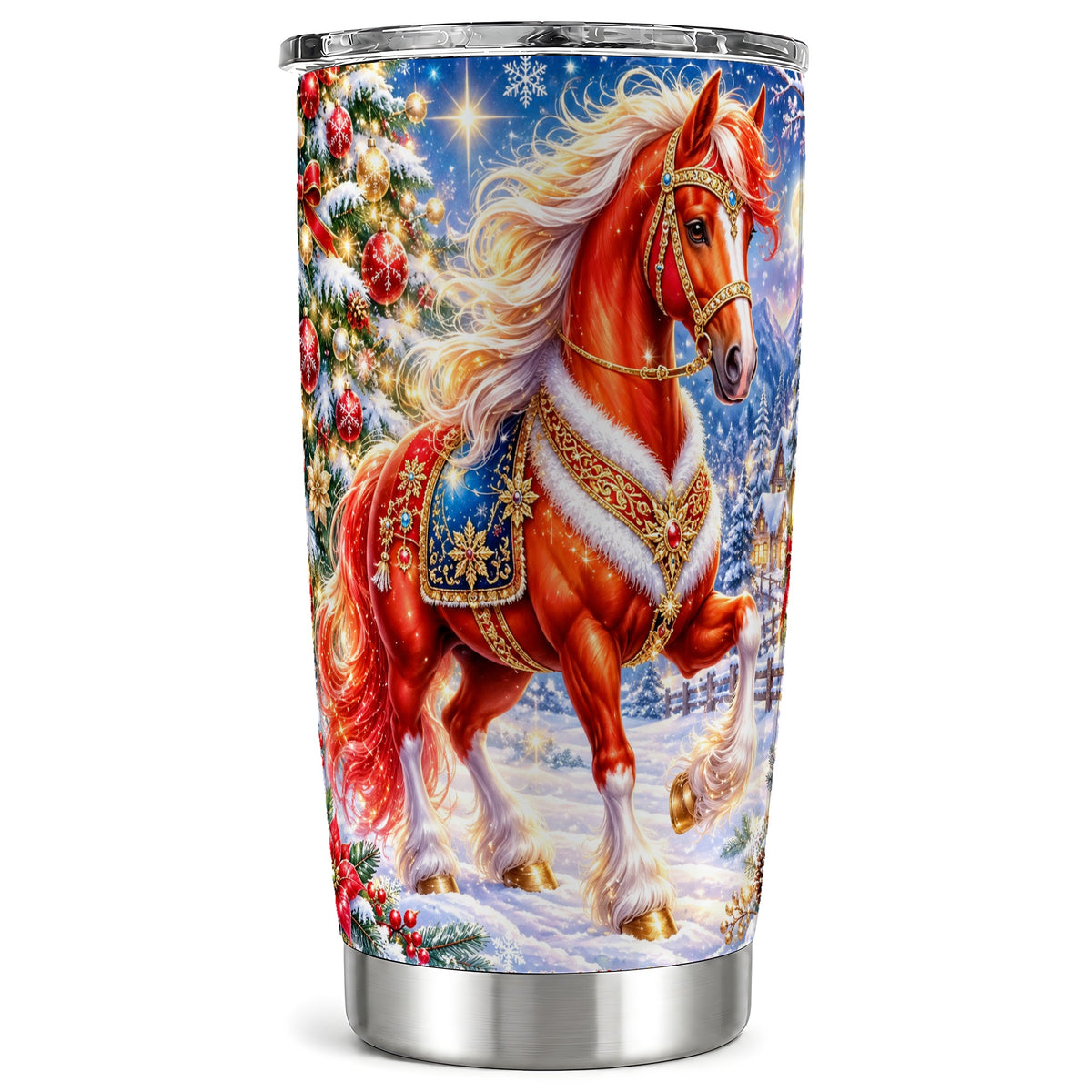 Christmas Horse Tumbler 20oz, Winter Tumbler, Stainless Steel Travel Cup