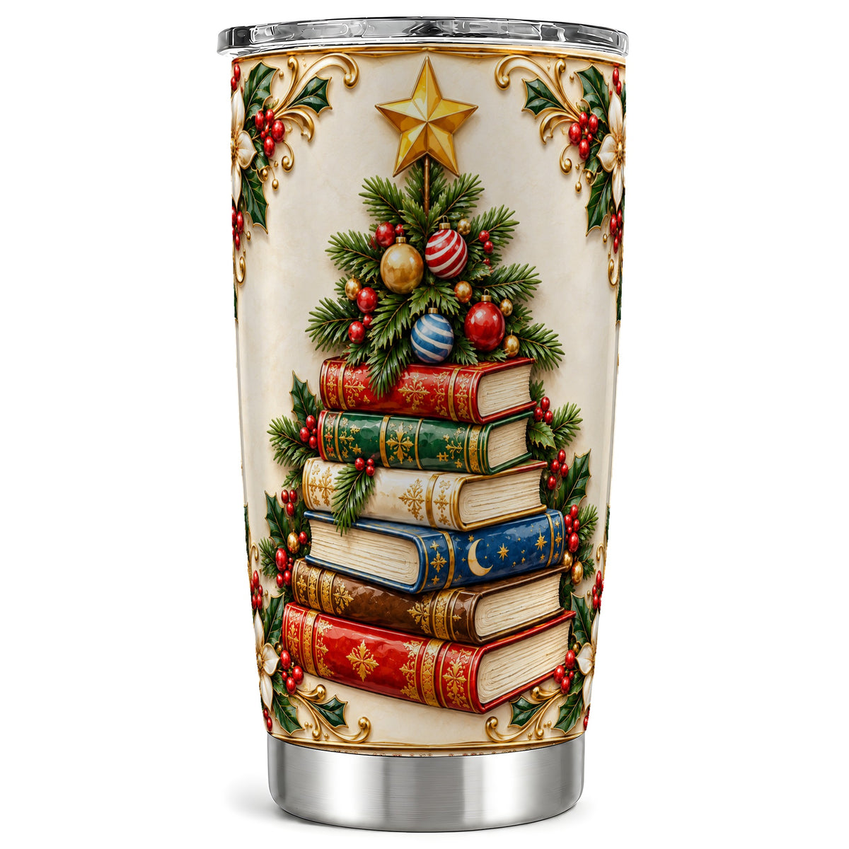 Christmas Book Tree Tumbler 20oz, Book Tumbler, Stainless Steel Travel Cup