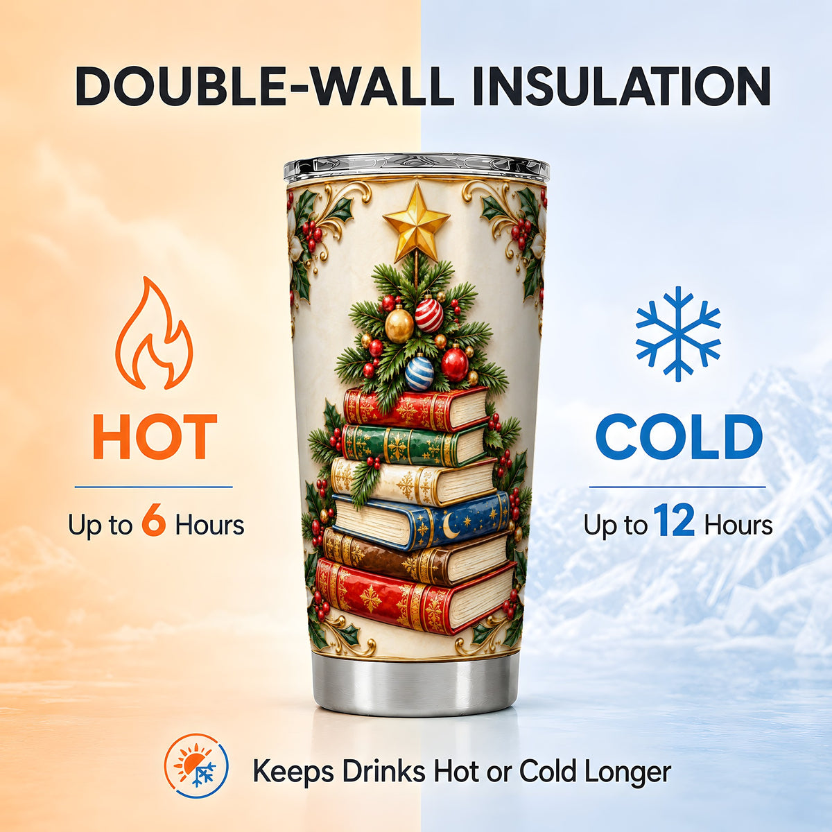 #pl[20oz|Steel] Christmas Book Tree Tumbler 20oz, Book Tumbler, Stainless Steel Travel Cup