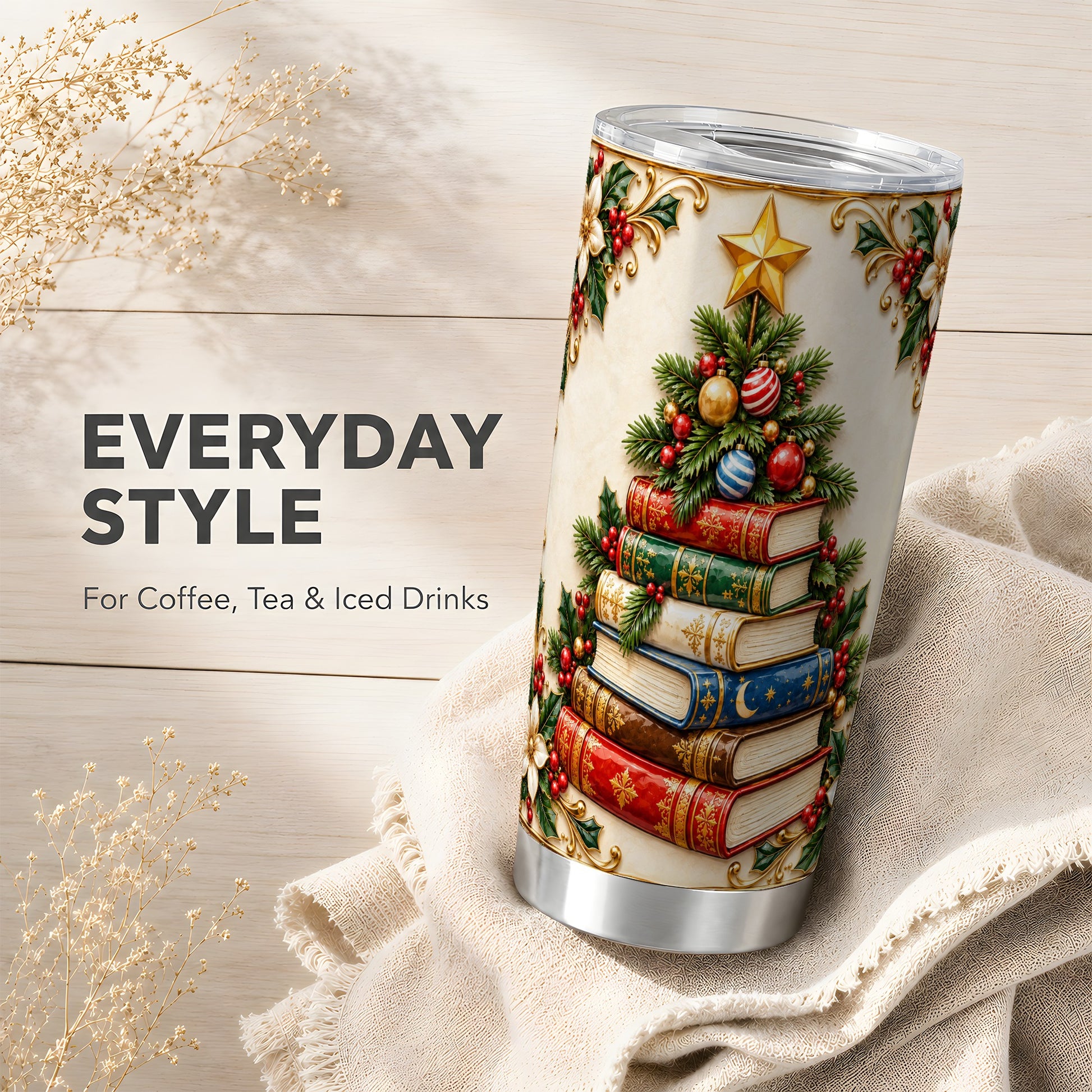 #pl[20oz|Steel] Christmas Book Tree Tumbler 20oz, Book Tumbler, Stainless Steel Travel Cup