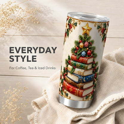 #pl[20oz|Steel] Christmas Book Tree Tumbler 20oz, Book Tumbler, Stainless Steel Travel Cup