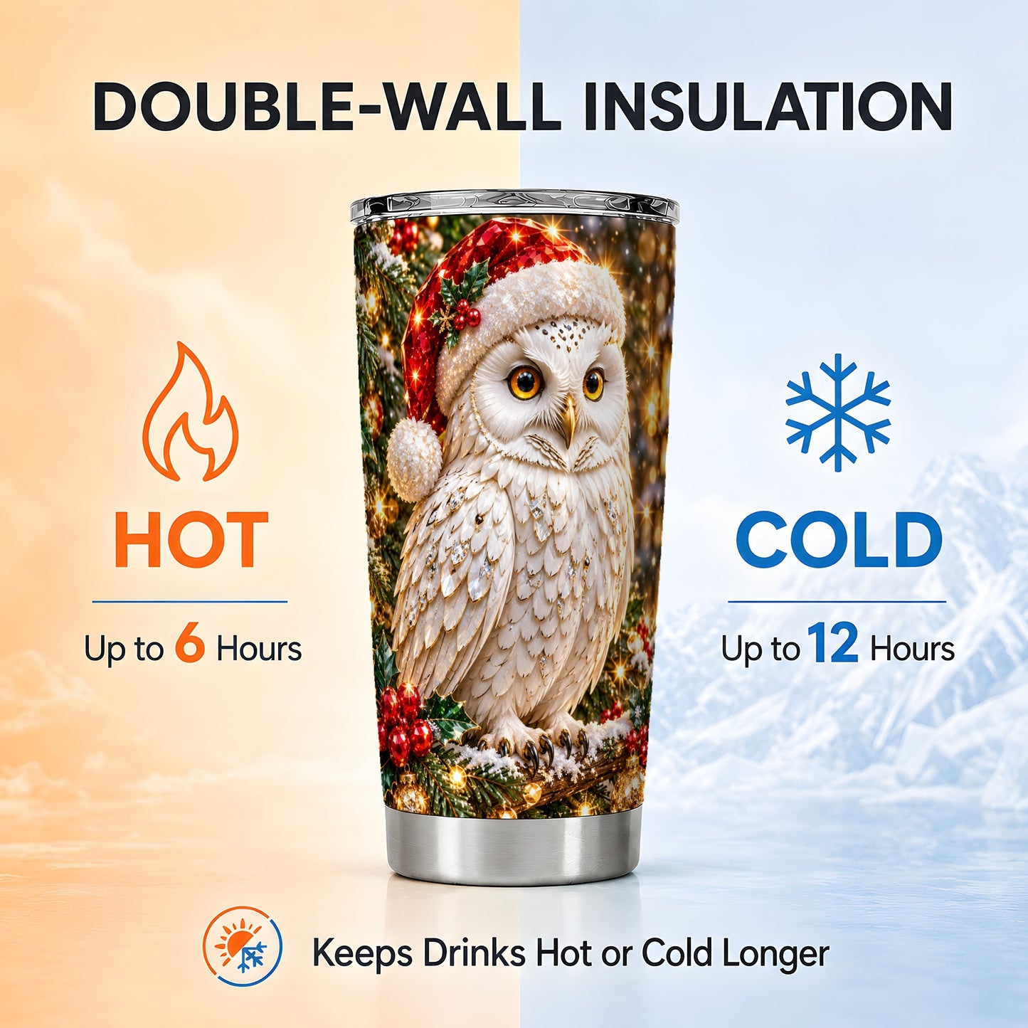 #pl[20oz|Steel] Christmas Snowy Owl Tumbler 20oz, Owl Tumbler, Stainless Steel Travel Cup