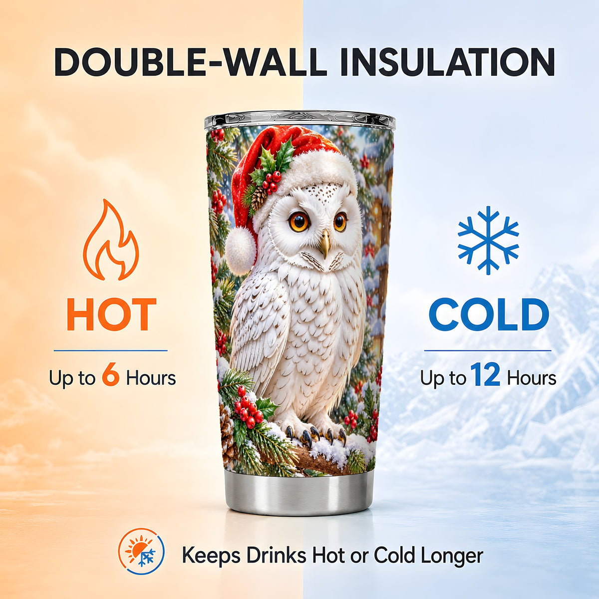 #pl[20oz|Steel] Snowy Village Owl Tumbler 20oz, Winter Tumbler, Stainless Steel Travel Cup