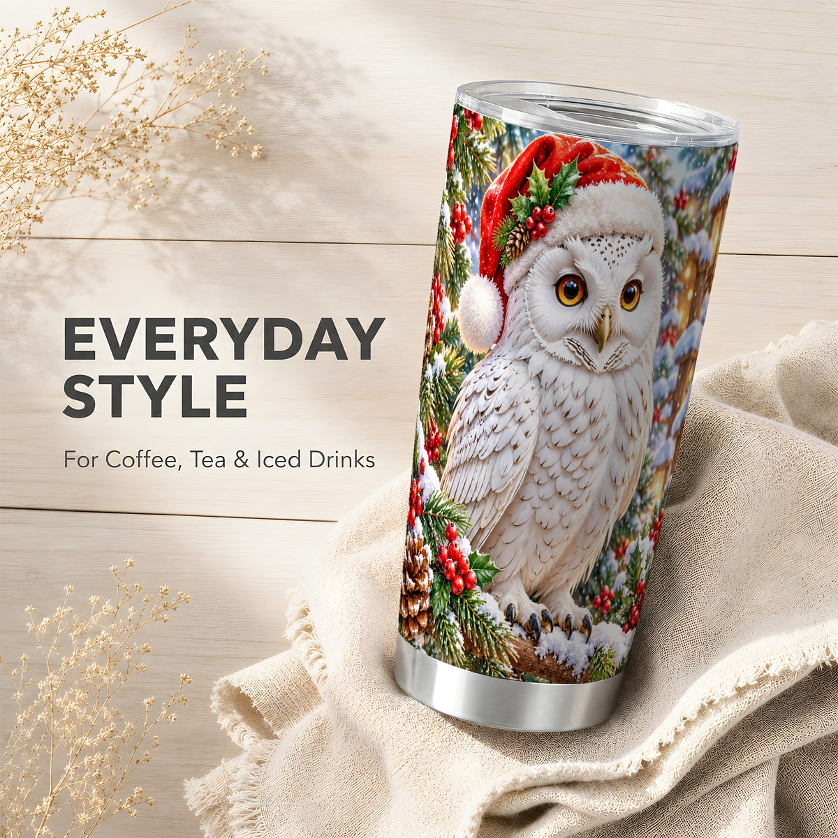 #pl[20oz|Steel] Snowy Village Owl Tumbler 20oz, Winter Tumbler, Stainless Steel Travel Cup