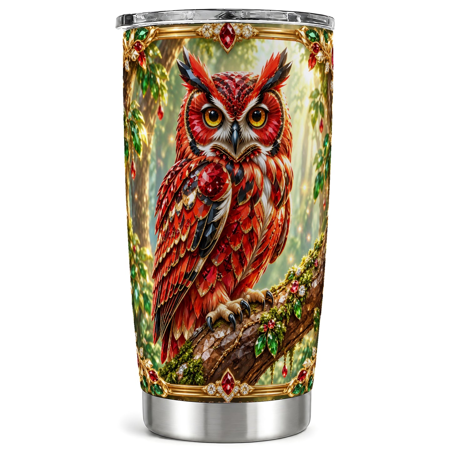 Red Gem Owl Tumbler 20oz, Gem Art Tumbler, Stainless Steel Travel Cup