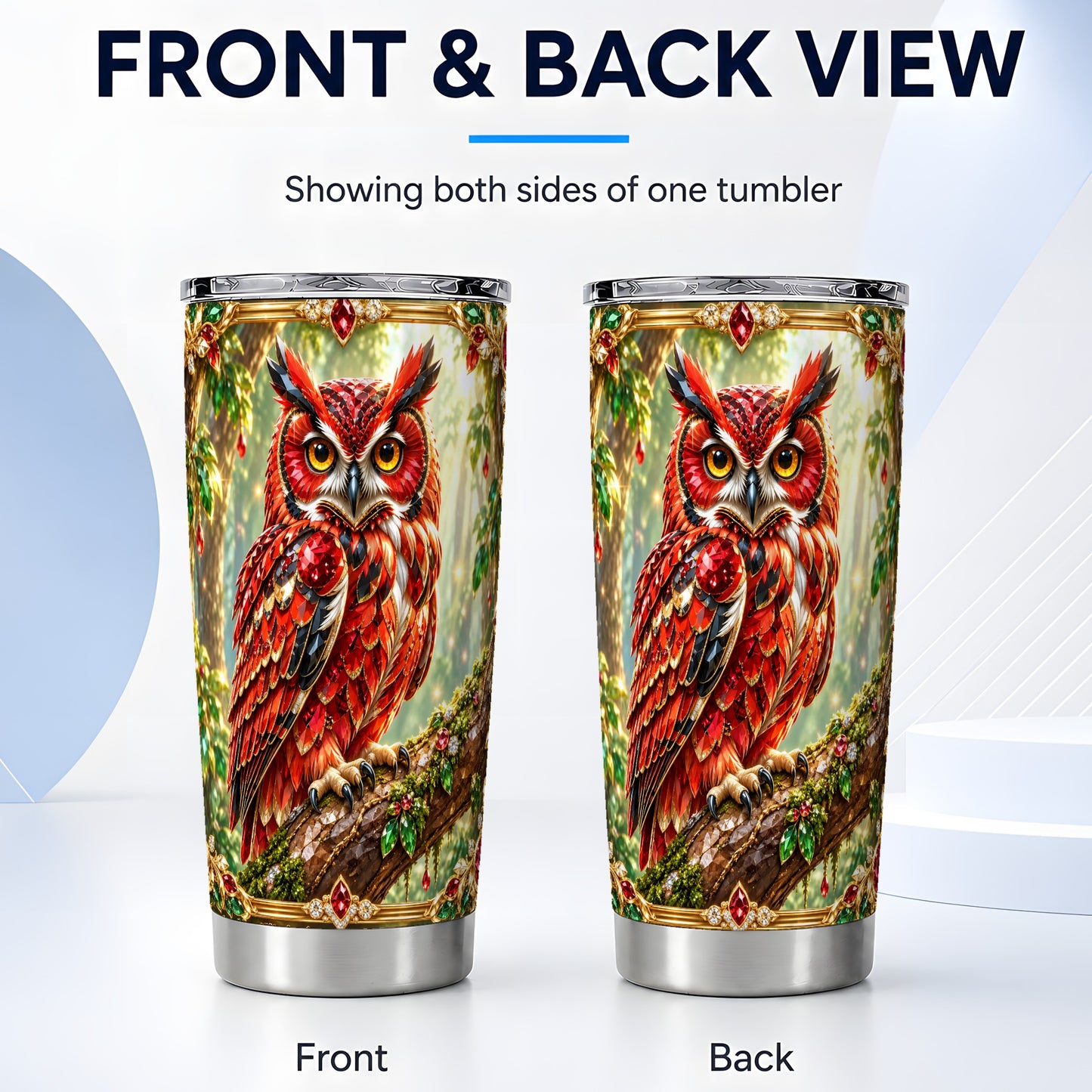 #pl[20oz|Steel] Red Gem Owl Tumbler 20oz, Gem Art Tumbler, Stainless Steel Travel Cup
