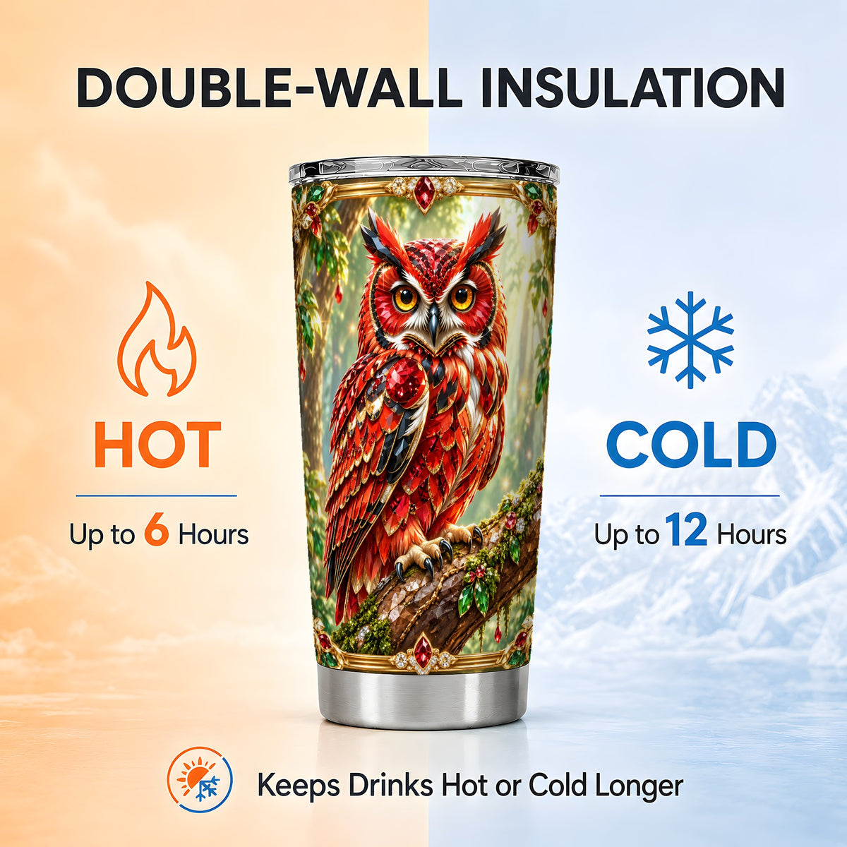 #pl[20oz|Steel] Red Gem Owl Tumbler 20oz, Gem Art Tumbler, Stainless Steel Travel Cup
