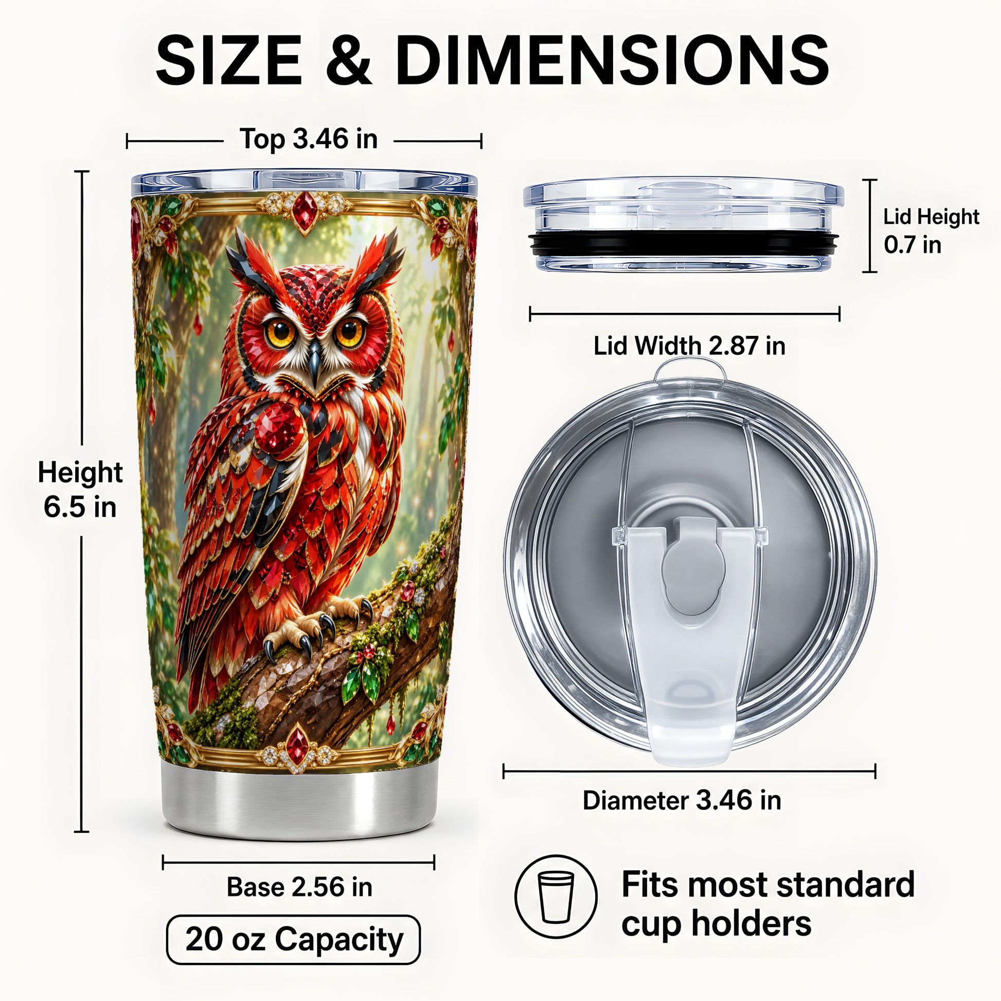 #pl[20oz|Steel] Red Gem Owl Tumbler 20oz, Gem Art Tumbler, Stainless Steel Travel Cup