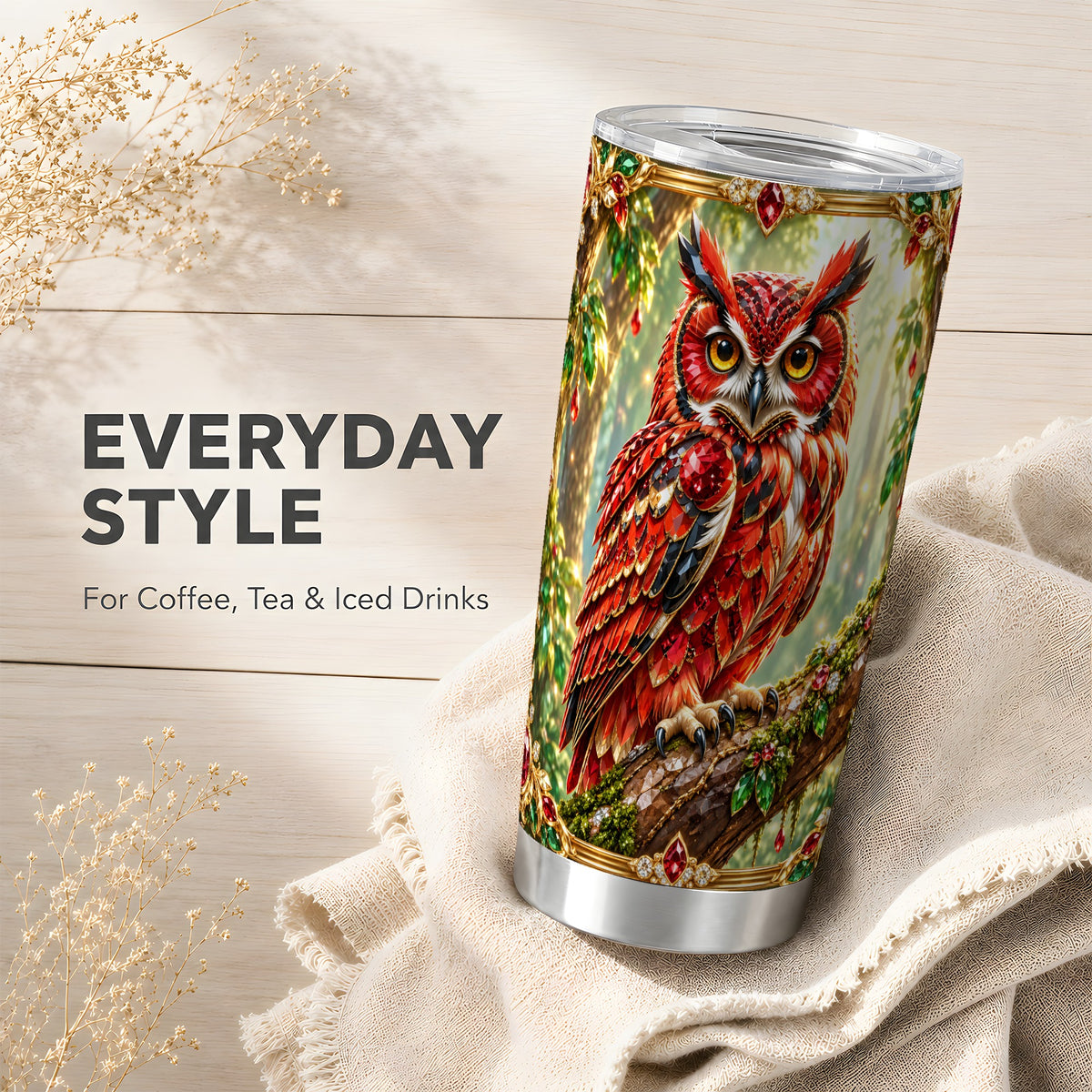 #pl[20oz|Steel] Red Gem Owl Tumbler 20oz, Gem Art Tumbler, Stainless Steel Travel Cup
