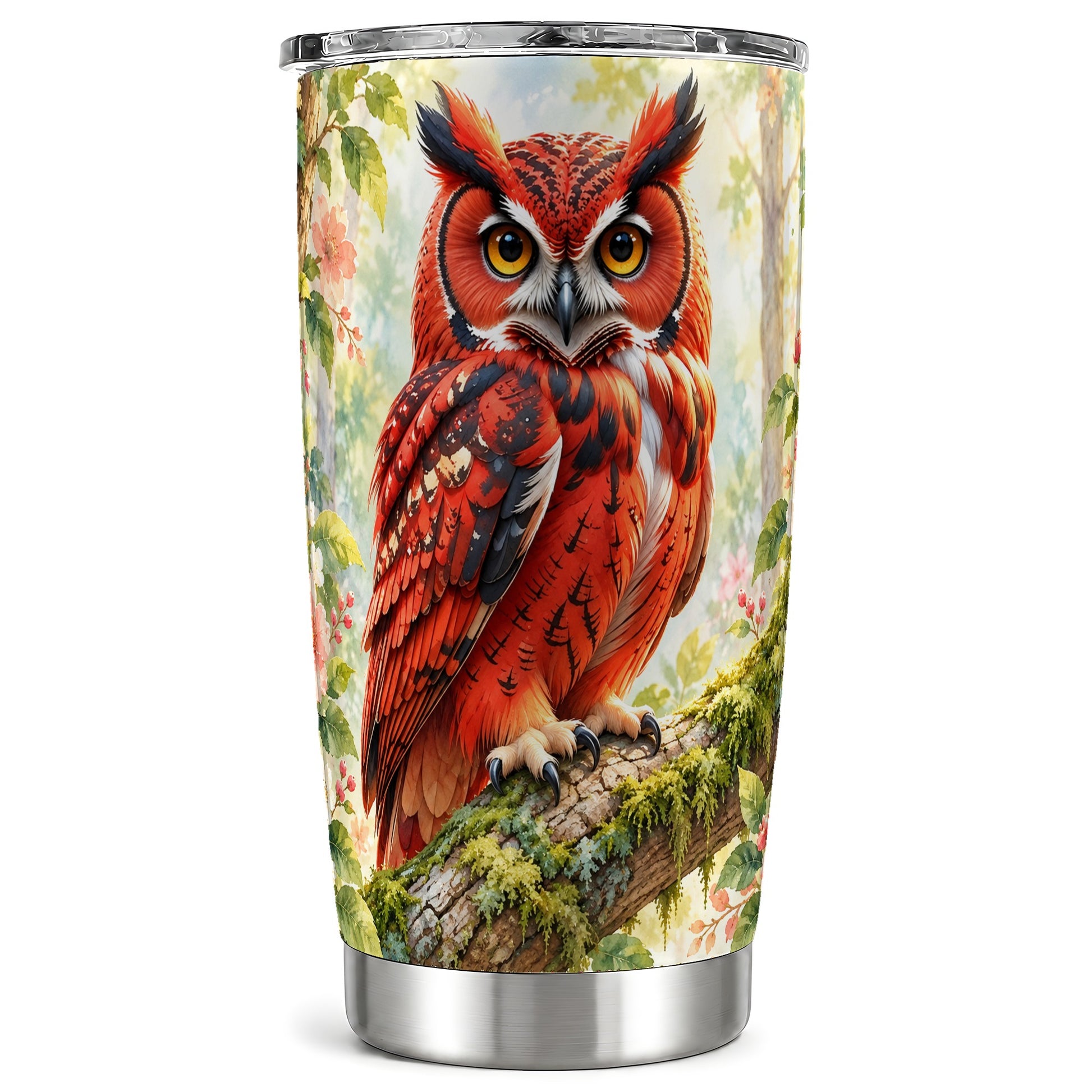 Red Woodland Owl Tumbler 20oz, Floral Tumbler, Stainless Steel Travel Cup