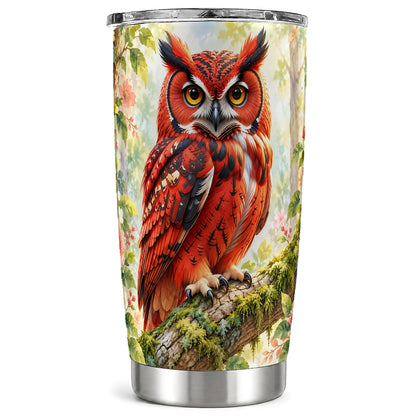 Red Woodland Owl Tumbler 20oz, Floral Tumbler, Stainless Steel Travel Cup