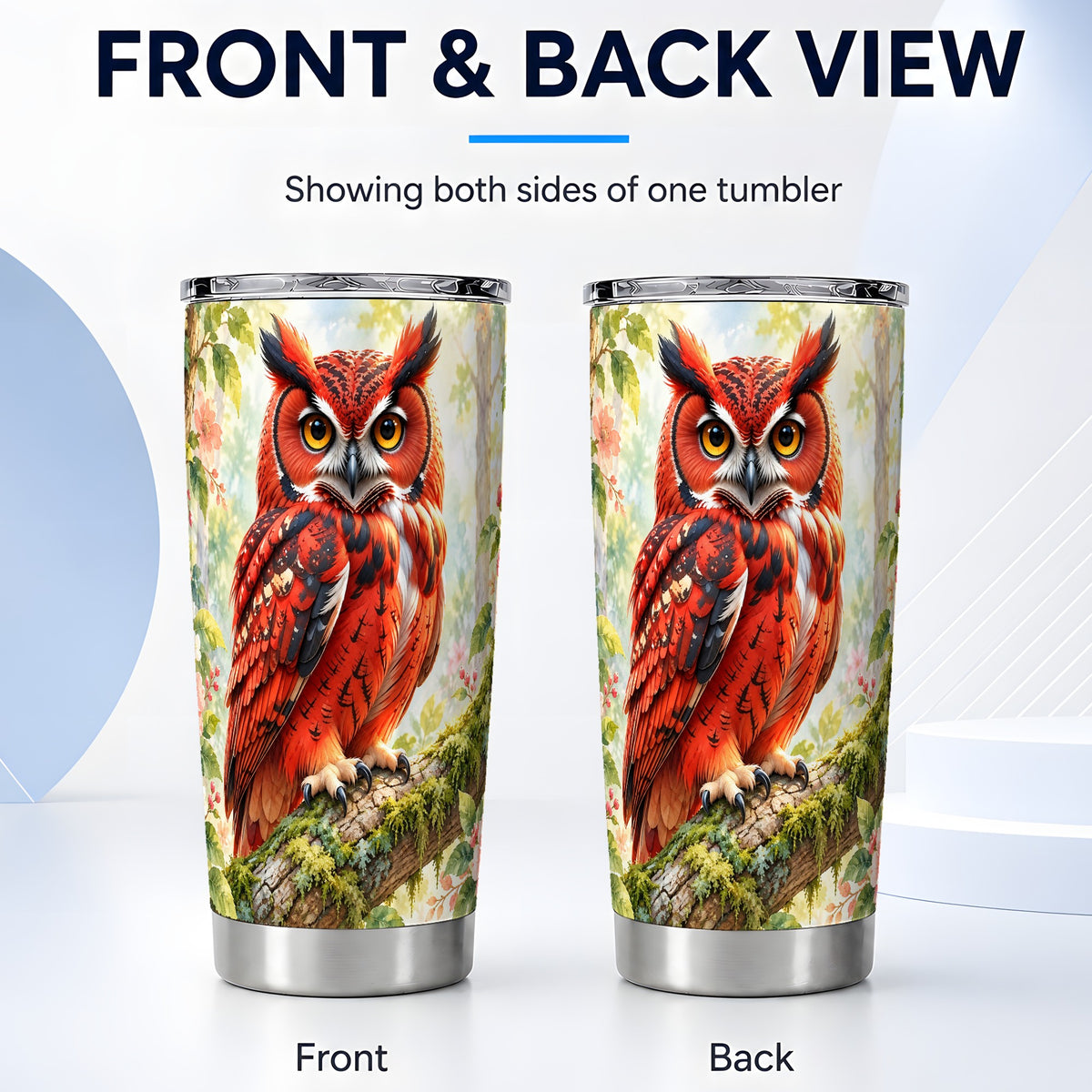 #pl[20oz|Steel] Red Woodland Owl Tumbler 20oz, Floral Tumbler, Stainless Steel Travel Cup