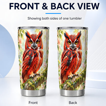 #pl[20oz|Steel] Red Woodland Owl Tumbler 20oz, Floral Tumbler, Stainless Steel Travel Cup