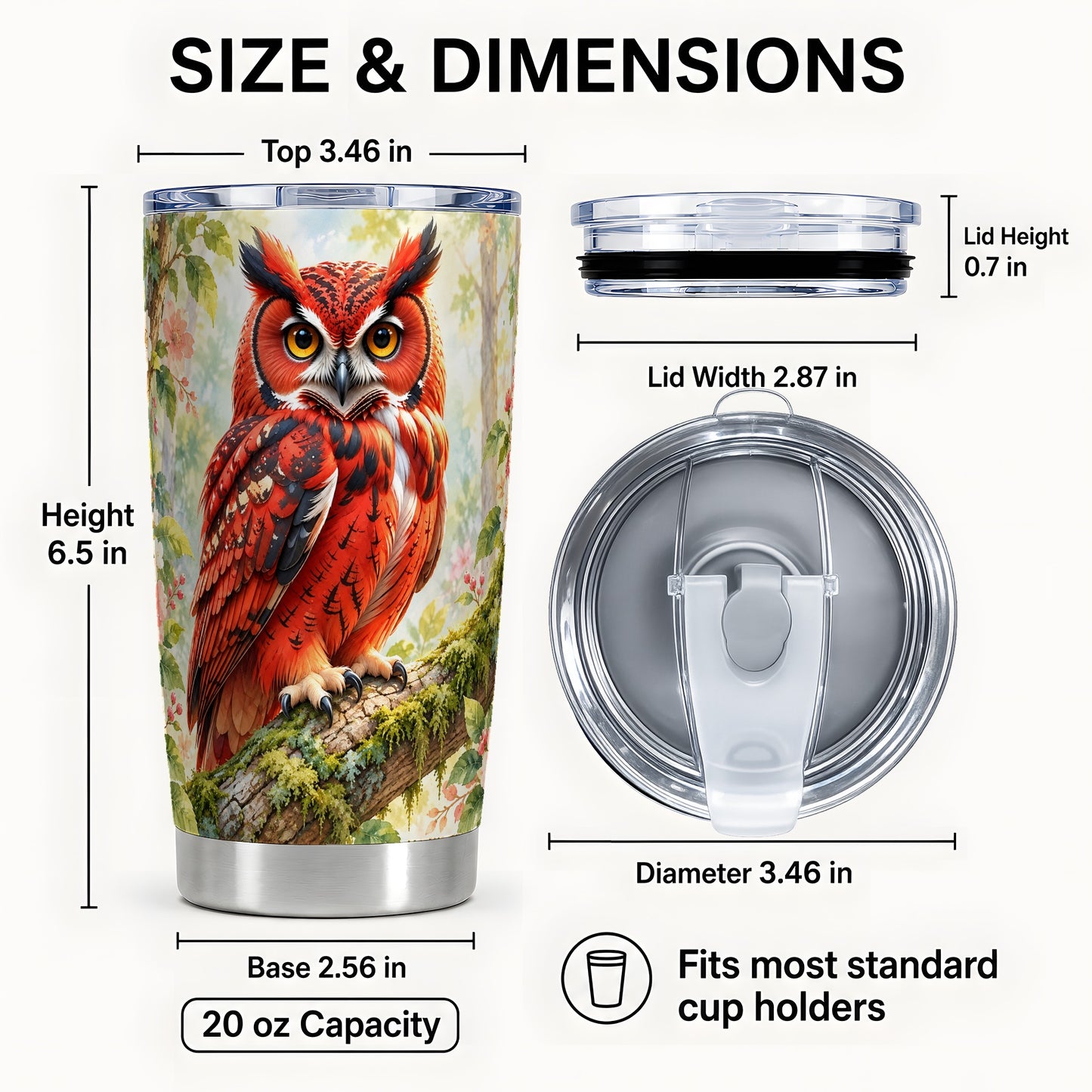 #pl[20oz|Steel] Red Woodland Owl Tumbler 20oz, Floral Tumbler, Stainless Steel Travel Cup