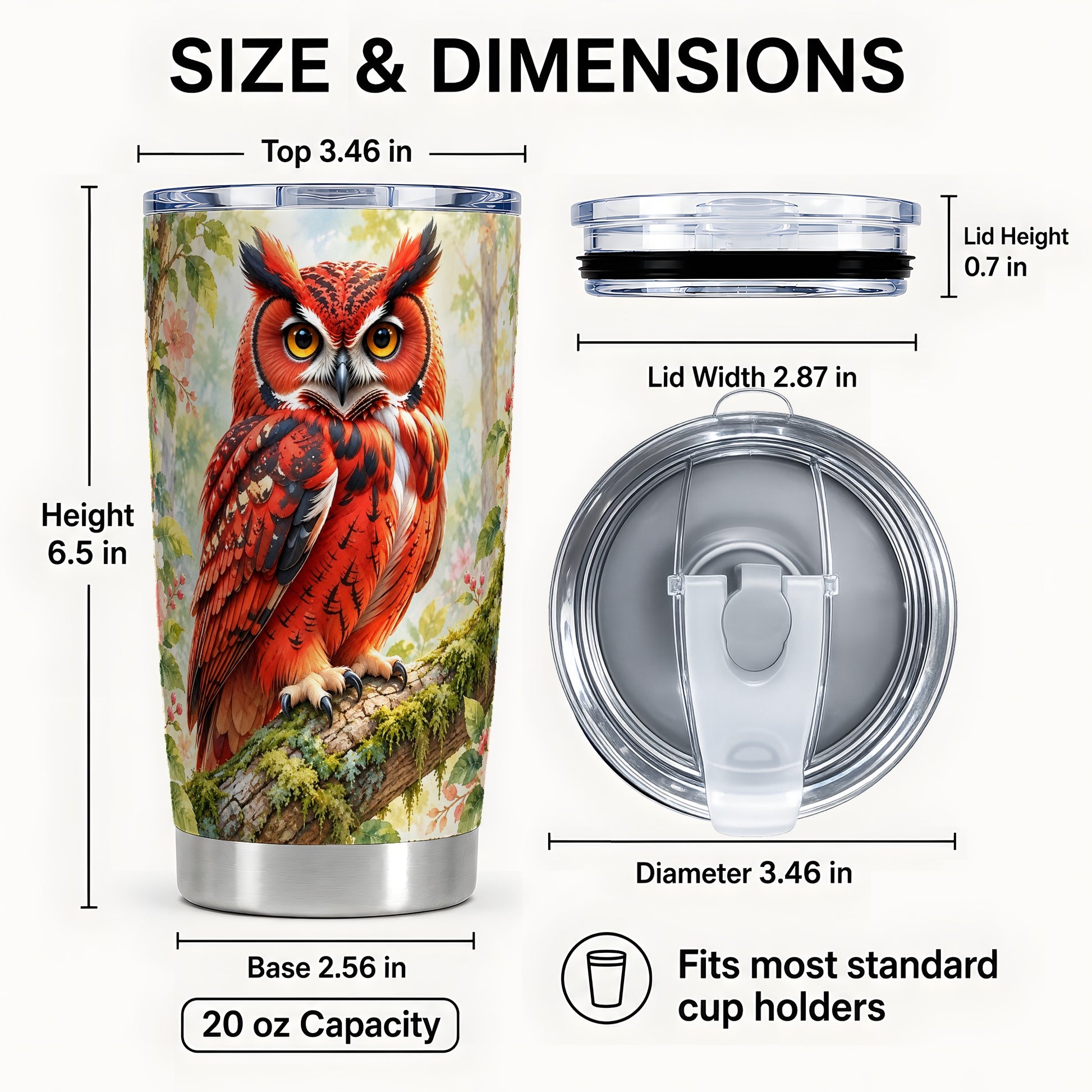 #pl[20oz|Steel] Red Woodland Owl Tumbler 20oz, Floral Tumbler, Stainless Steel Travel Cup