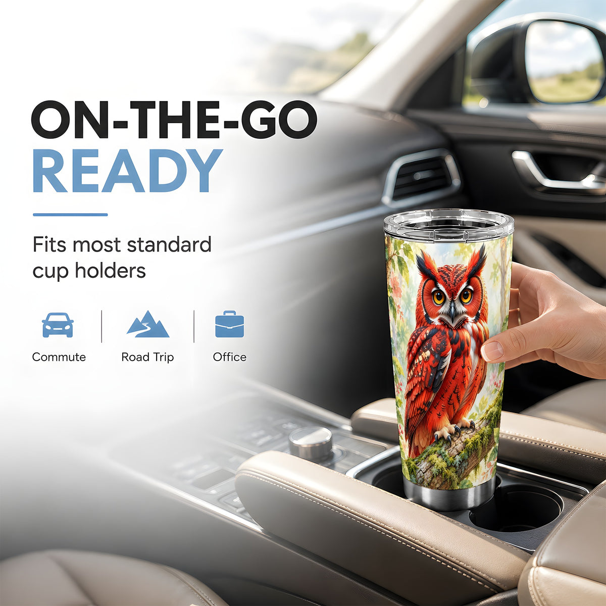 #pl[20oz|Steel] Red Woodland Owl Tumbler 20oz, Floral Tumbler, Stainless Steel Travel Cup