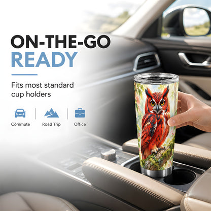 #pl[20oz|Steel] Red Woodland Owl Tumbler 20oz, Floral Tumbler, Stainless Steel Travel Cup