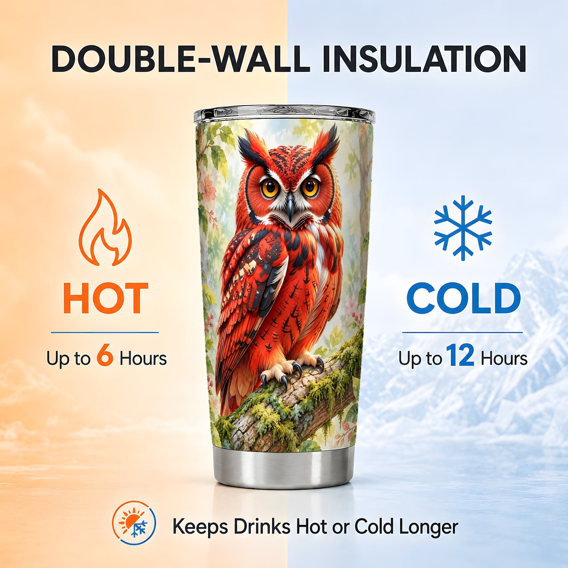 #pl[20oz|Steel] Red Woodland Owl Tumbler 20oz, Floral Tumbler, Stainless Steel Travel Cup