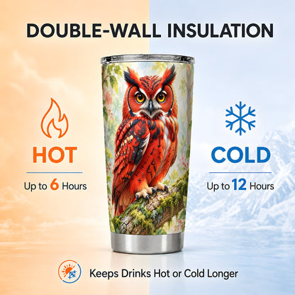 #pl[20oz|Steel] Red Woodland Owl Tumbler 20oz, Floral Tumbler, Stainless Steel Travel Cup