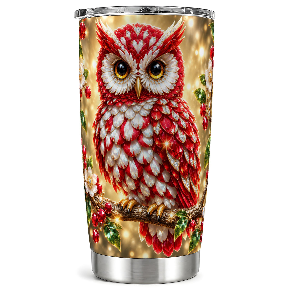 Red White Gem Owl Tumbler 20oz, Berry Tumbler, Stainless Steel Travel Cup