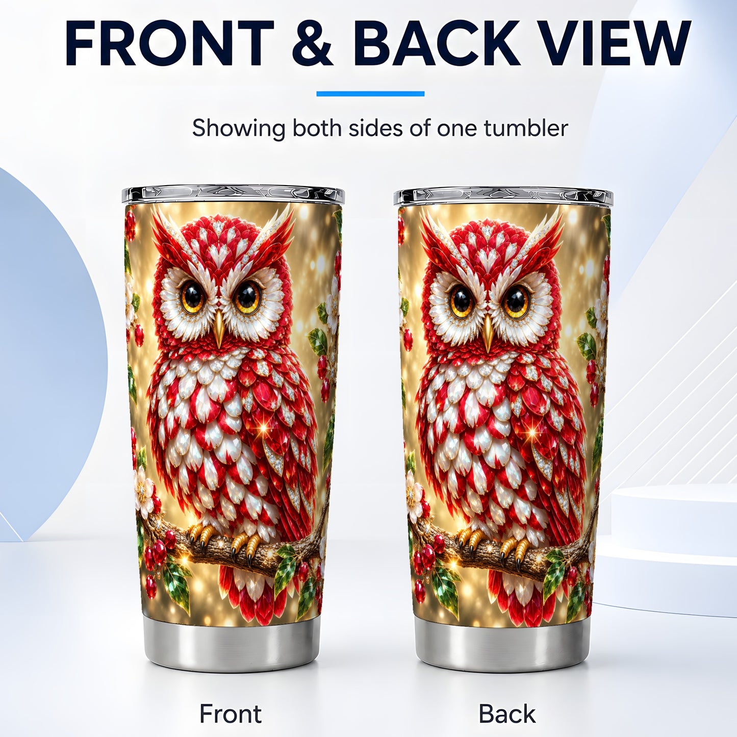 #pl[20oz|Steel] Red White Gem Owl Tumbler 20oz, Berry Tumbler, Stainless Steel Travel Cup