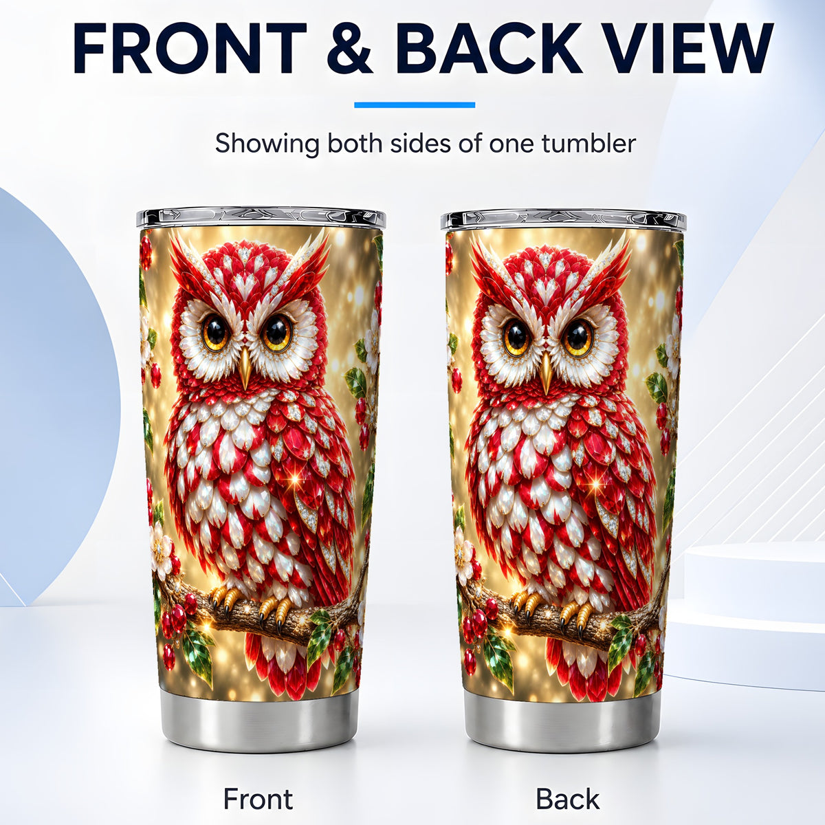 #pl[20oz|Steel] Red White Gem Owl Tumbler 20oz, Berry Tumbler, Stainless Steel Travel Cup