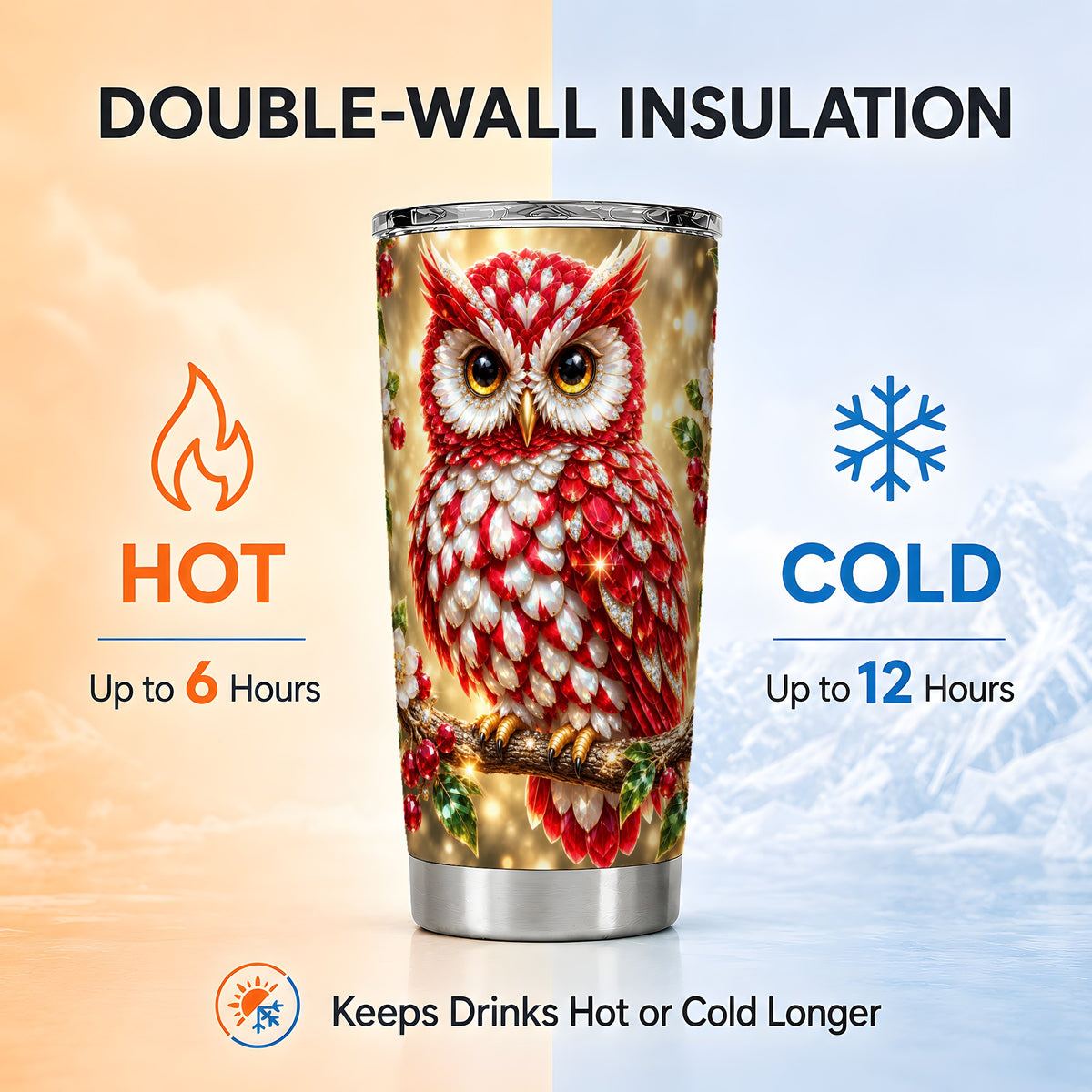 #pl[20oz|Steel] Red White Gem Owl Tumbler 20oz, Berry Tumbler, Stainless Steel Travel Cup