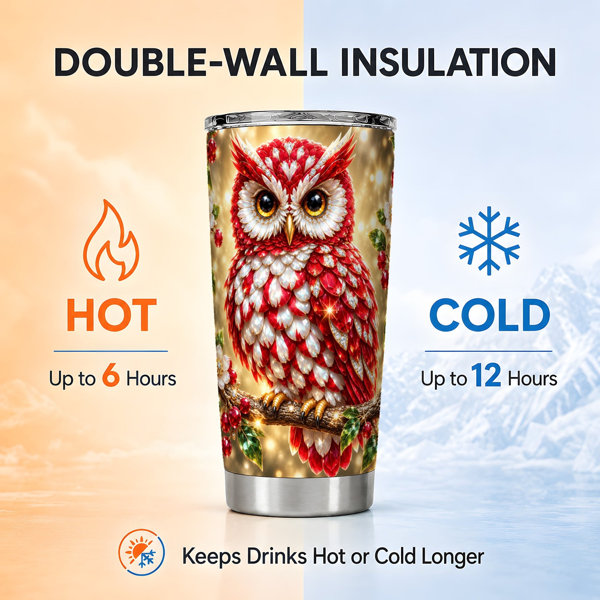 #pl[20oz|Steel] Red White Gem Owl Tumbler 20oz, Berry Tumbler, Stainless Steel Travel Cup