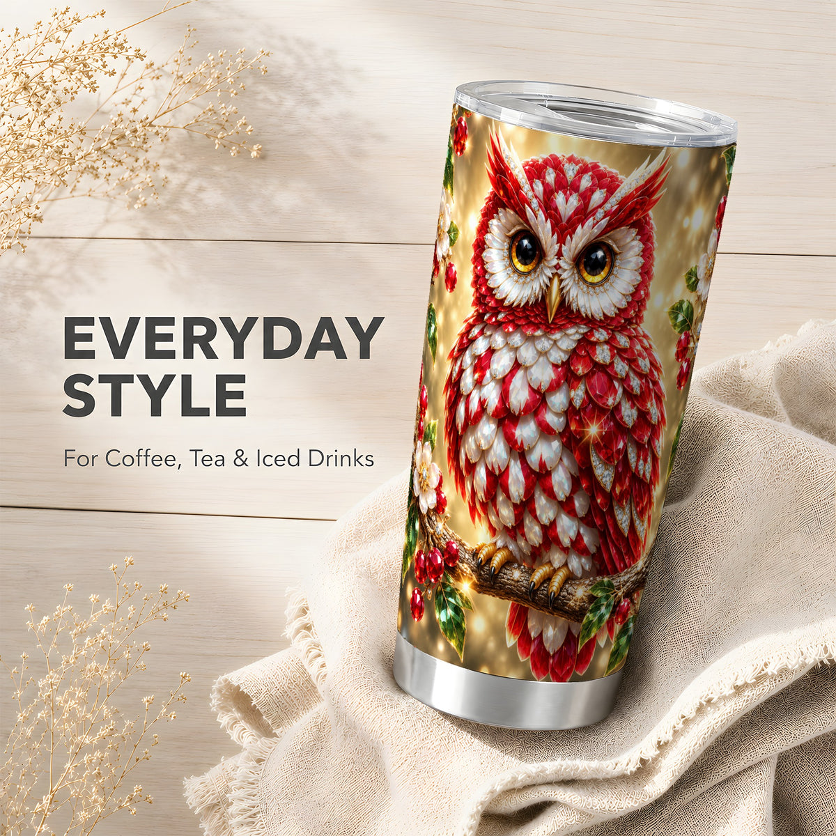 #pl[20oz|Steel] Red White Gem Owl Tumbler 20oz, Berry Tumbler, Stainless Steel Travel Cup