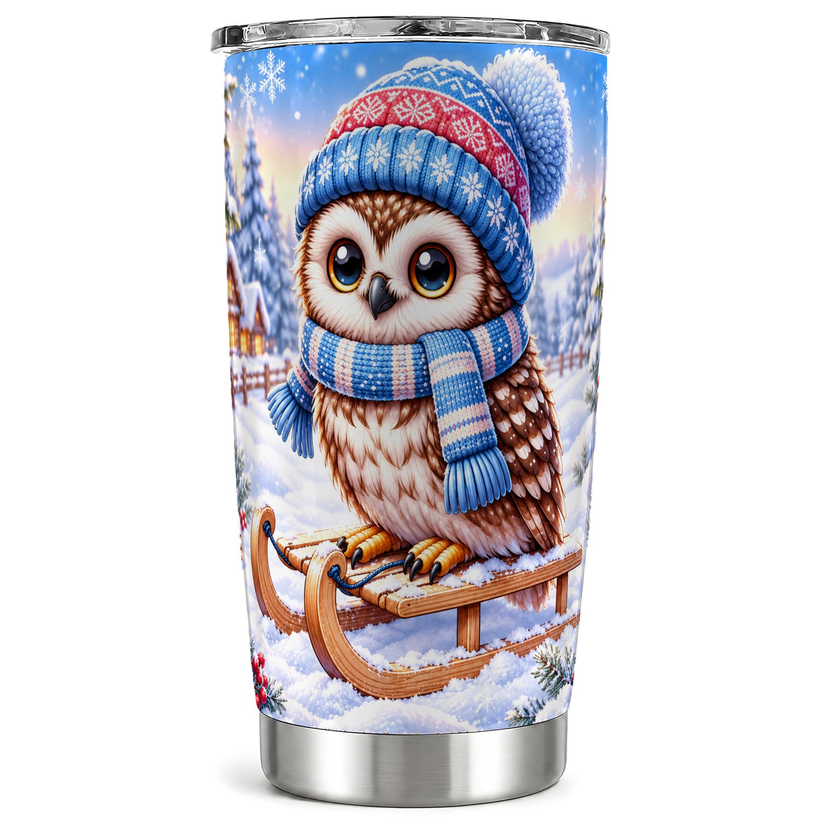 Winter Owl 20oz Tumbler, Sled Owl Tumbler, Stainless Steel Travel Cup