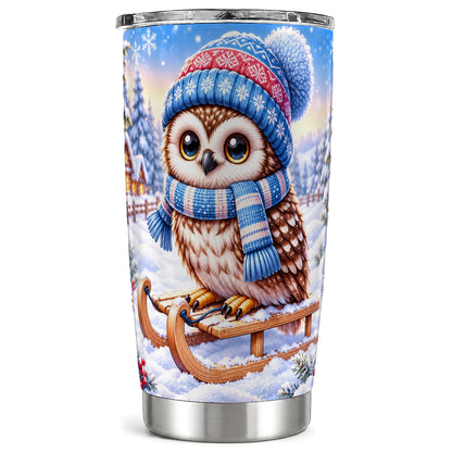 Winter Owl 20oz Tumbler, Sled Owl Tumbler, Stainless Steel Travel Cup