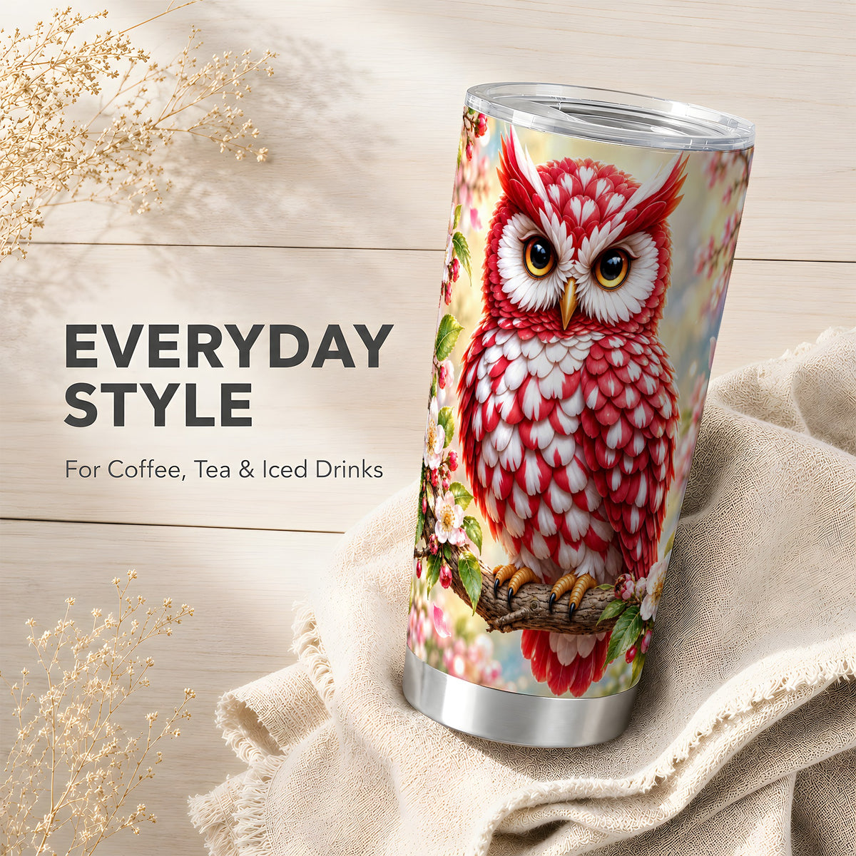 #pl[20oz|Steel] Floral Owl 20oz Tumbler, Blossom Owl Tumbler, Stainless Steel Travel Cup