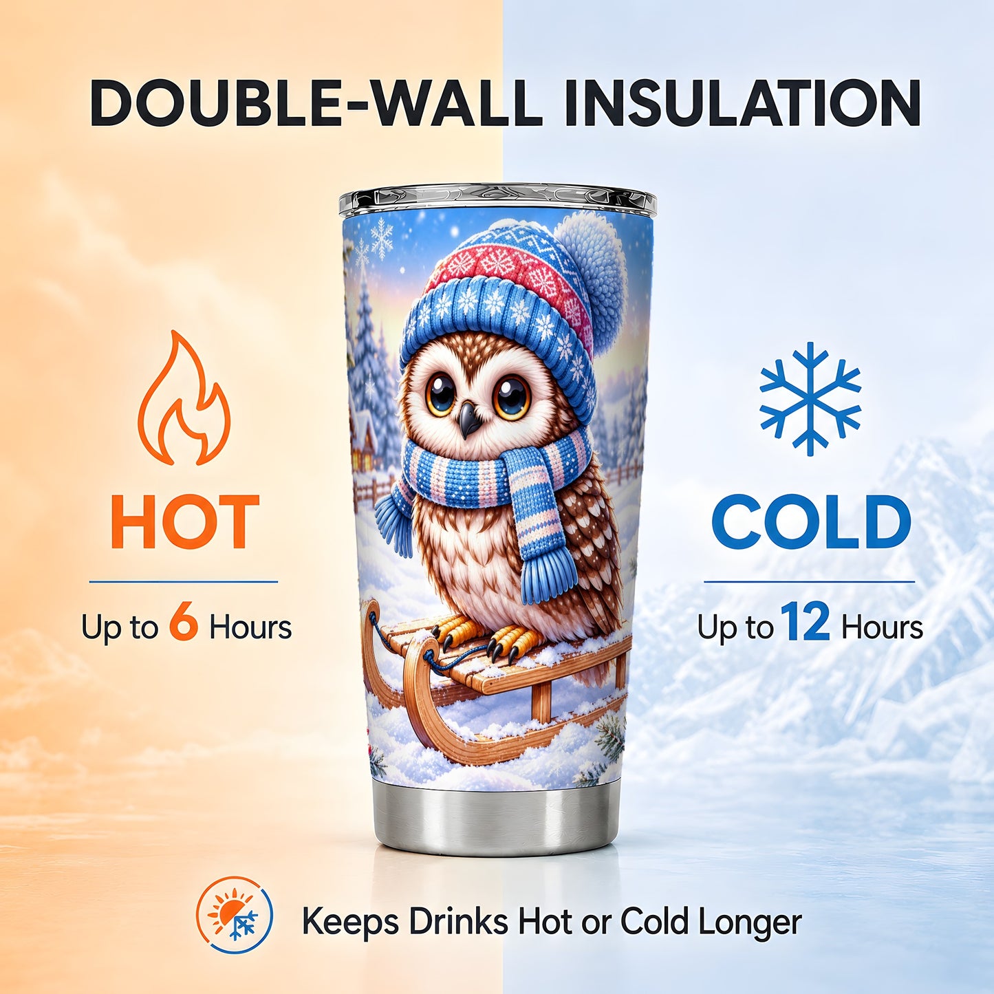 #pl[20oz|Steel] Winter Owl 20oz Tumbler, Sled Owl Tumbler, Stainless Steel Travel Cup