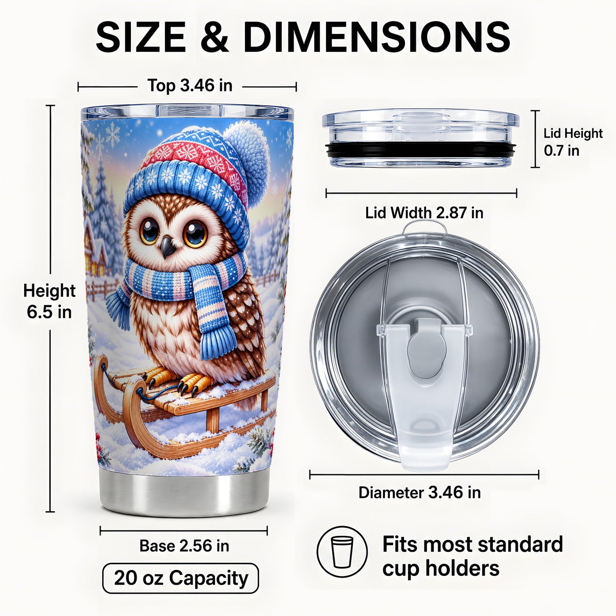#pl[20oz|Steel] Winter Owl 20oz Tumbler, Sled Owl Tumbler, Stainless Steel Travel Cup