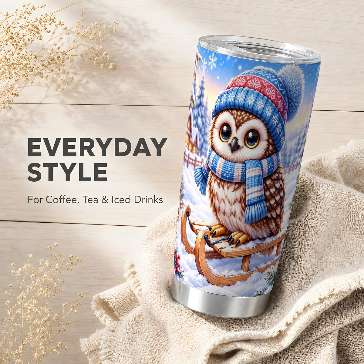 #pl[20oz|Steel] Winter Owl 20oz Tumbler, Sled Owl Tumbler, Stainless Steel Travel Cup