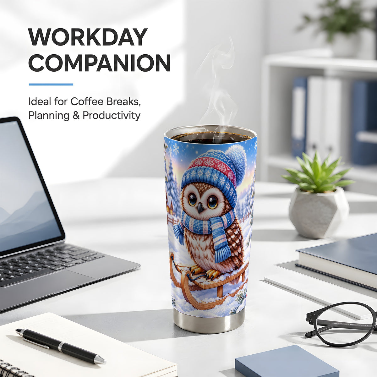 #pl[20oz|Steel] Winter Owl 20oz Tumbler, Sled Owl Tumbler, Stainless Steel Travel Cup