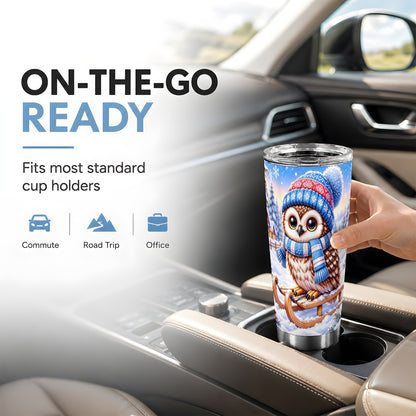 #pl[20oz|Steel] Winter Owl 20oz Tumbler, Sled Owl Tumbler, Stainless Steel Travel Cup